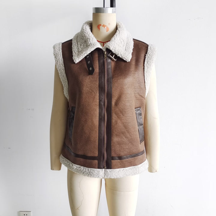 Women nan padded lambskin imitation vest with large Sherpa collar, zipper and side pockets Mune Fashion