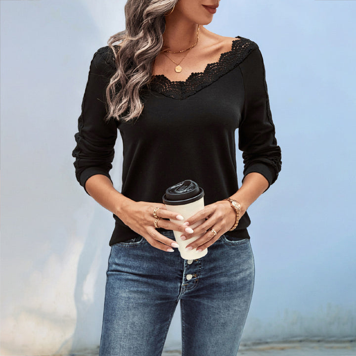Ladies Elegant Knit Top with Lace Accents Mune Fashion