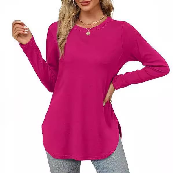 Women's Casual Long Sleeve Tunic Top with Round Neck, Side Slits and Watercolor Leaf Print Mune Fashion