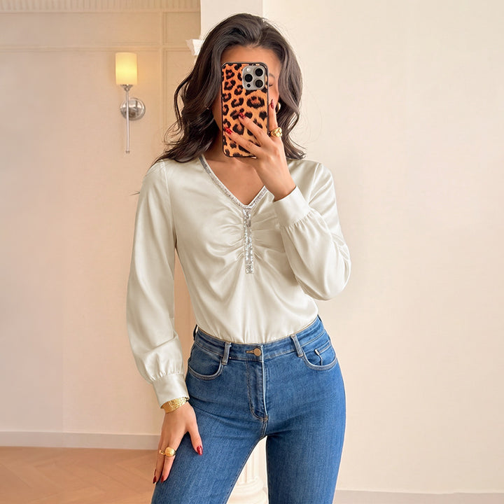 Women's Elegant Blouse Shirt with Ruffle Details and Rhinestone Accents Mune Fashion