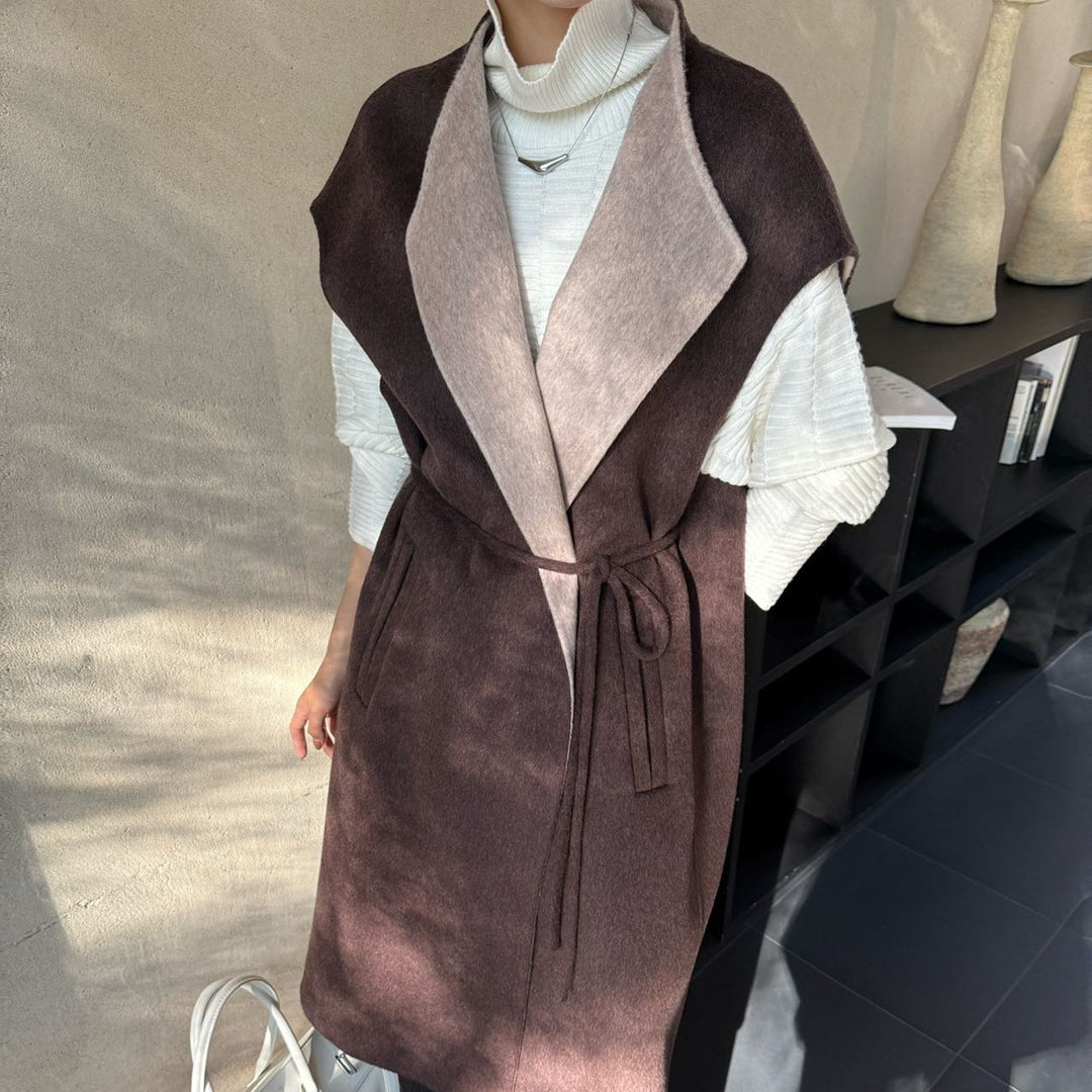 Women Maximal sleeveless wool coat with shawl collar and tie belt Mune Fashion