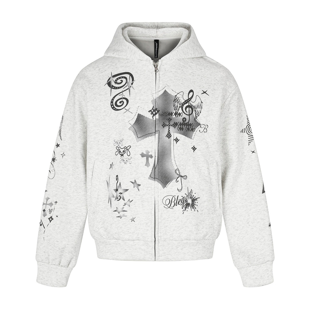 Unisex Printed Hooded Zip Jacket in Casual Boxy Cut with Full Zip Mune Fashion