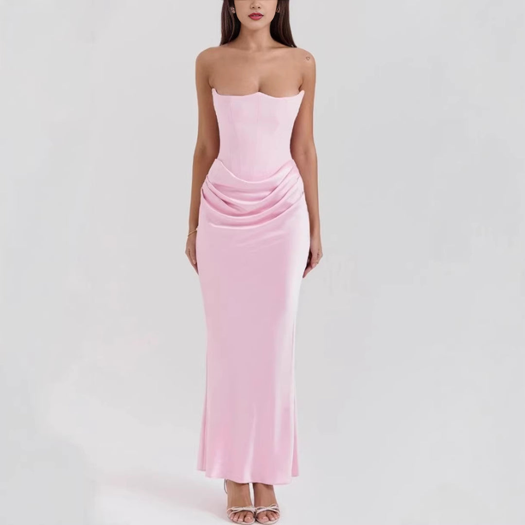 Women's strapless corset evening dress with contoured bodice construction and elegant hip draping Mune Fashion