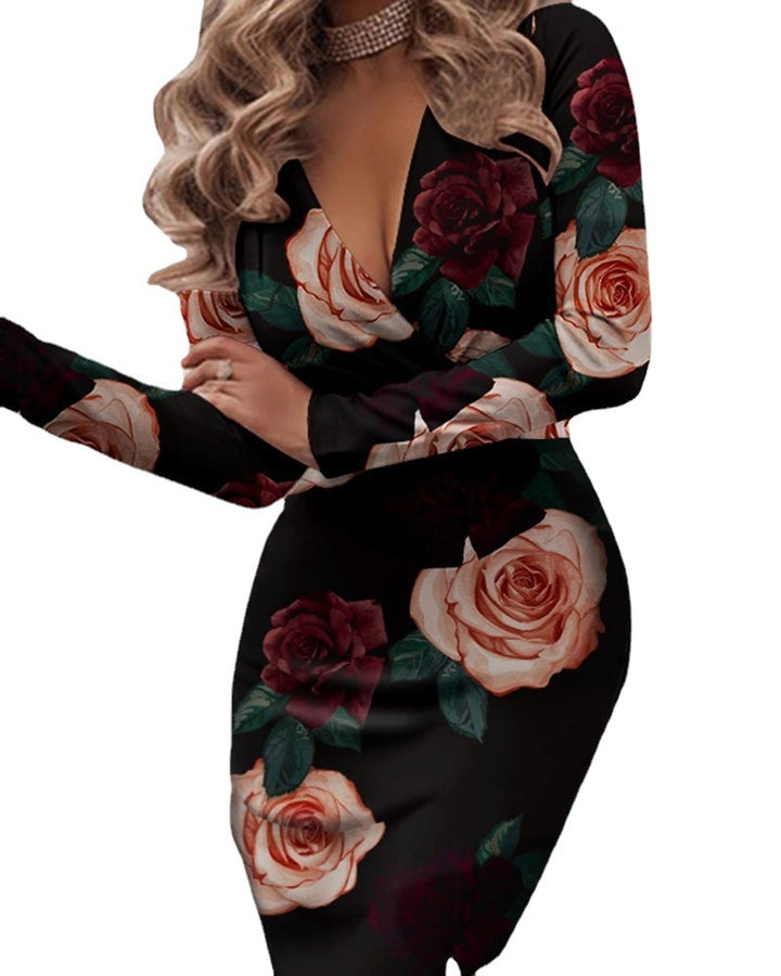 Women’s Fitted Wrap Midi Dress with Deep V-Neck and Rose Print Mune Fashion