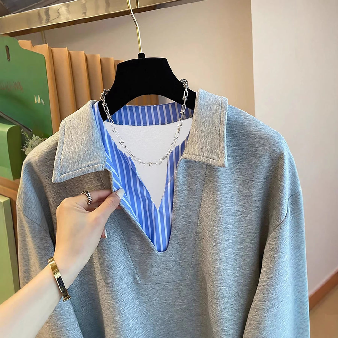 Women Oversized Sweatshirt with Shirt Collar Look and Striped Cuffs Mune Fashion
