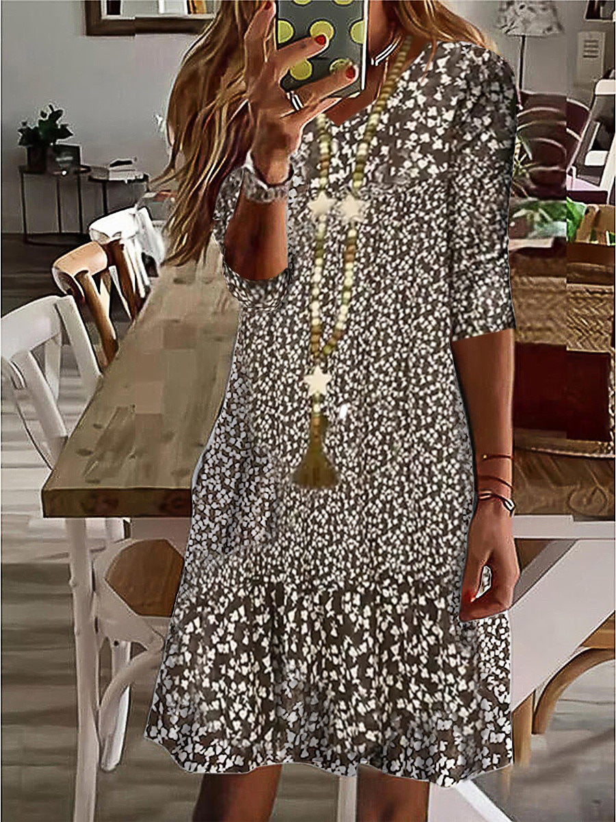 Women Casual Midi Dress with Ruffle Hem, Three-Quarter Sleeves and Floral Print Mune Fashion