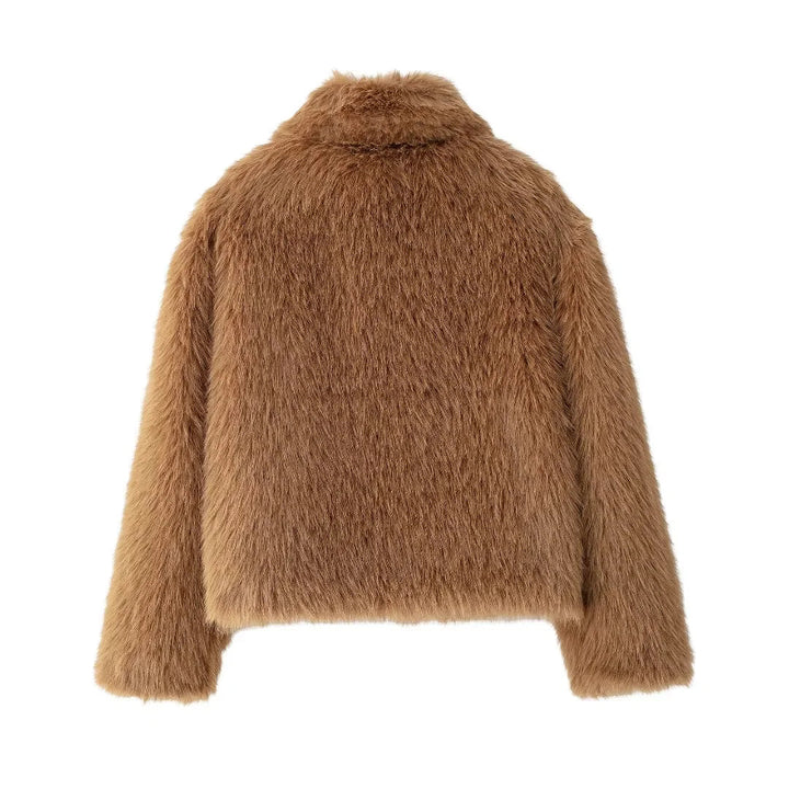 Women's short cozy faux fur jacket with shirt collar and concealed zipper placket Mune Fashion