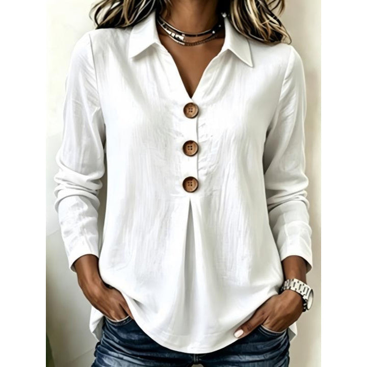 Women's long sleeve blouse with wooden button placket and front pleat Mune Fashion