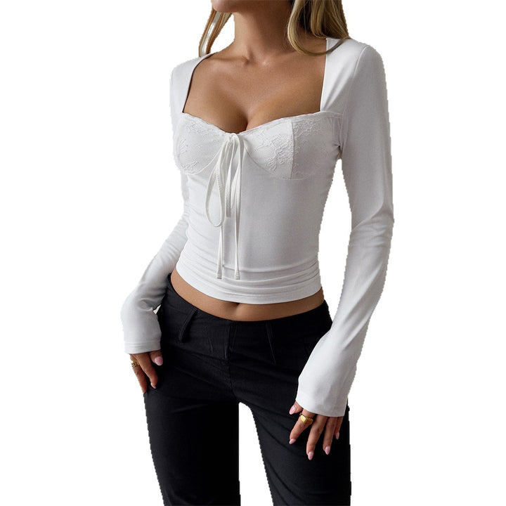 Women's fitted bustier top with square neckline, lace cups, and tie band Mune Fashion