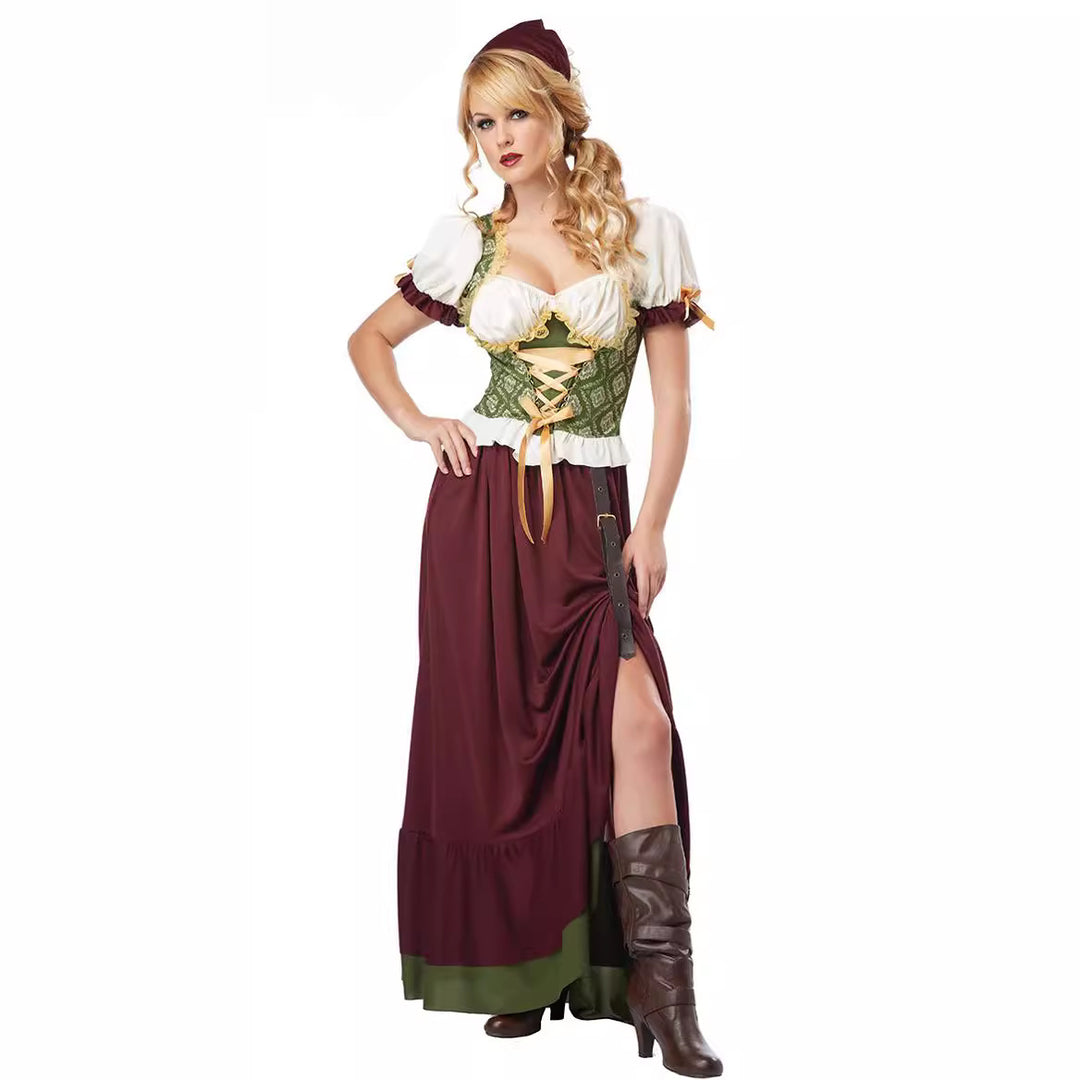Women’s lace-up medieval dress with corset bodice, puff sleeves, and high slit Mune Fashion