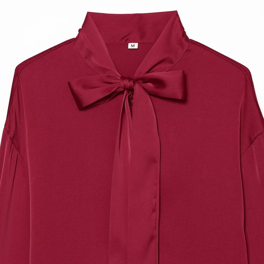 Women's Silk-like Blouse with Tie, Oversized Cut and Concealed Button Placket Mune Fashion