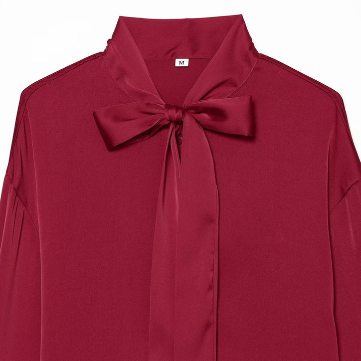 Women's Silk-like Blouse with Tie, Oversized Cut and Concealed Button Placket Mune Fashion
