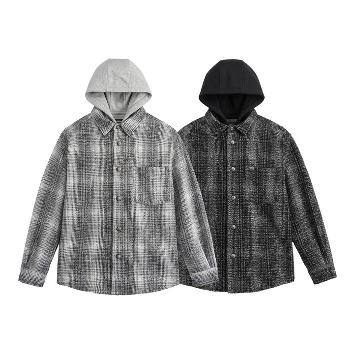 Men's Hooded Overshirt in Wool Blend with Check Pattern and Inserted Chest Pocket Mune Fashion
