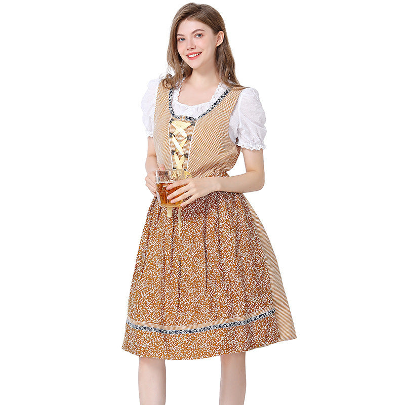 Women’s traditional Oktoberfest dirndl dress with lace blouse, adjustable corset lacing, and floral apron Mune Fashion