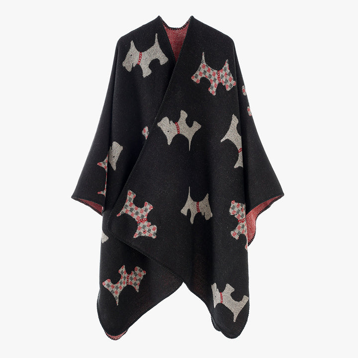 Women Oversized Poncho with jacquard woven Terrier motif and contrasting lining Mune Fashion