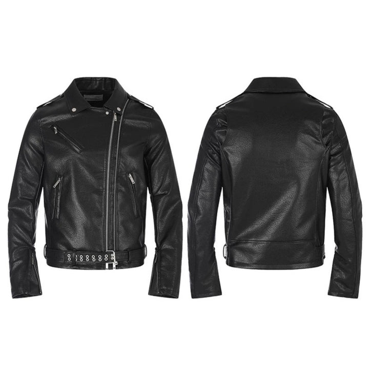 Men's tailored biker jacket made of synthetic leather with asymmetric zipper and studded waist belt Mune Fashion