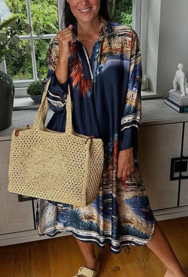 Women's blouse dress in silk look, kaftan style, with an illustrative coastal print Mune Fashion