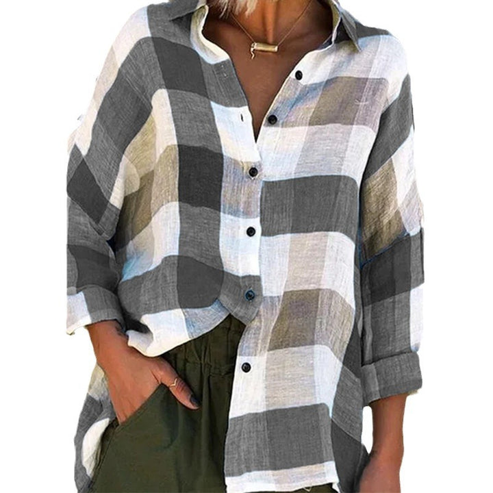 Women's oversized linen blouse with large check pattern and casual shirt collar Mune Fashion