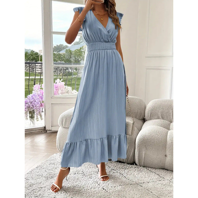 Women's Maxi Dress with Voluminous Ruffled Sleeves and Elegant Waist Mune Fashion