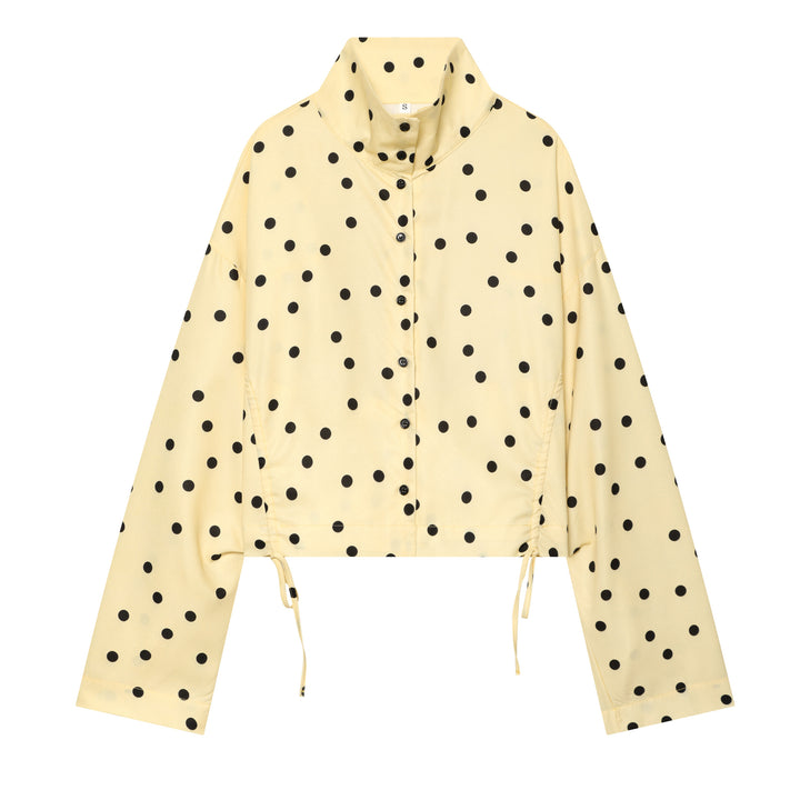 Women's Polka Dot Cropped Blouse with Stand Collar and Drawstring Mune Fashion