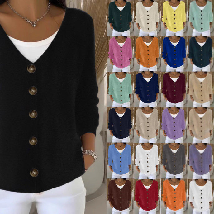 Women Loose V-Neck Fine Knit Cardigan with Wooden Button Placket Mune Fashion