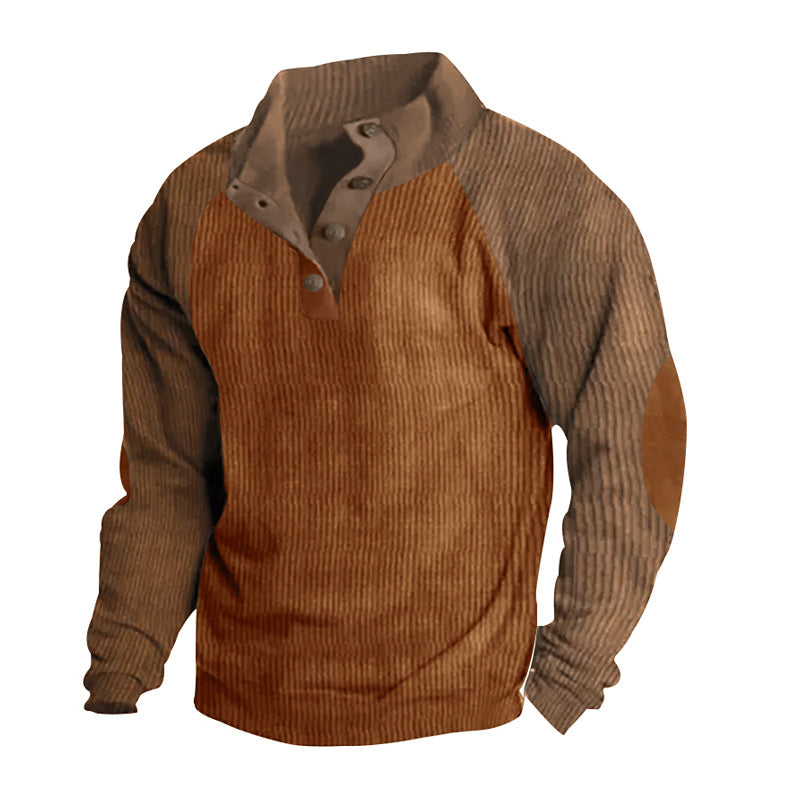 Men's thermal cord pullover with button placket, stand collar, raglan sleeves, and elbow patches Mune Fashion