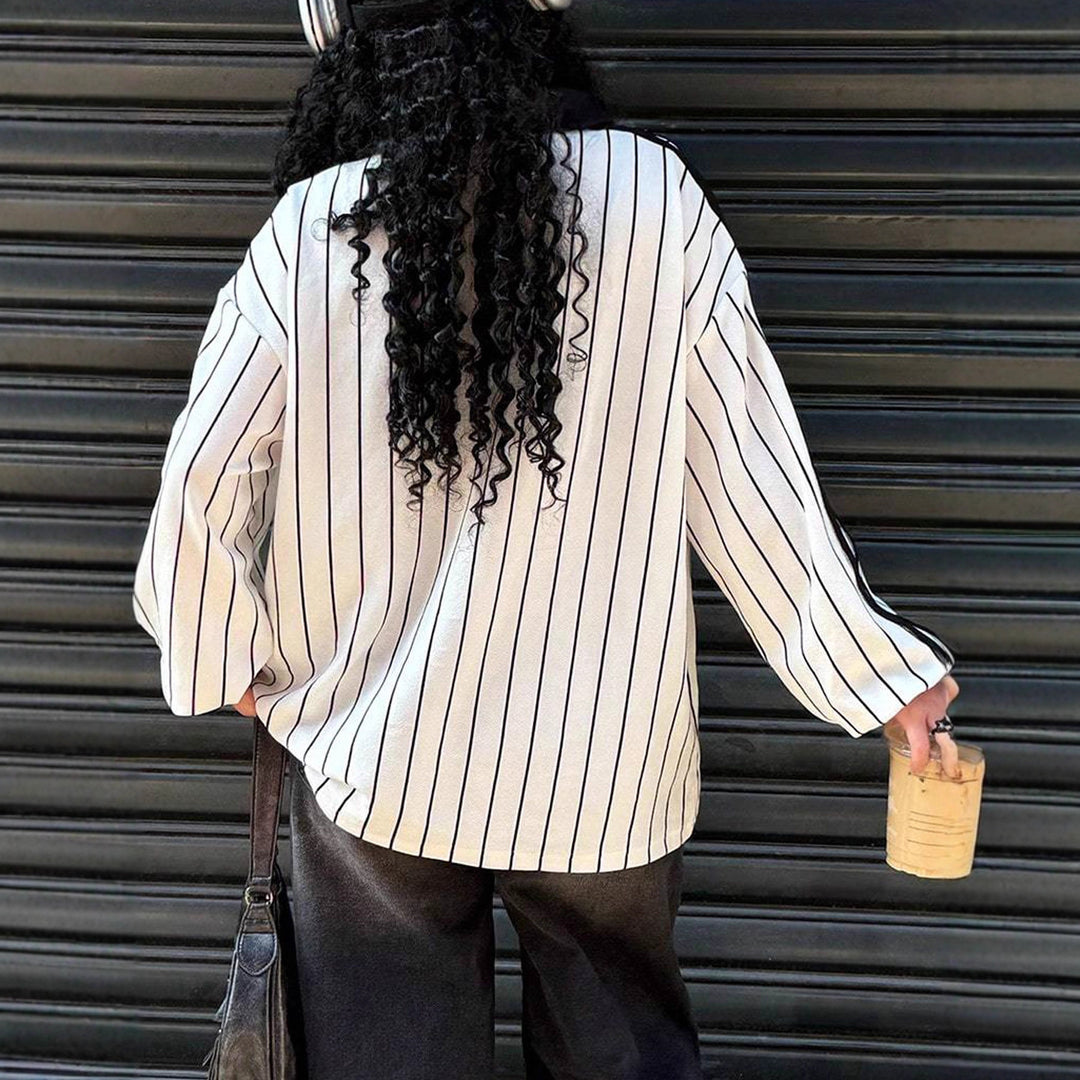 Women Oversize Baseball Polo Shirt with Pinstripes, V-Neck and Drawstring