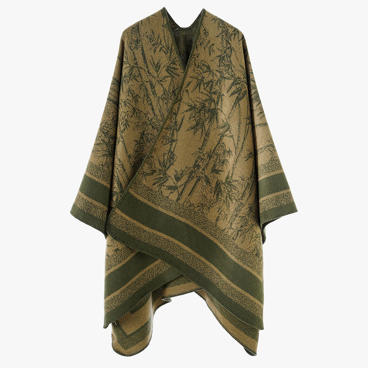 Women's Jacquard Poncho in Cape Style with Bamboo Design and Open Front Mune Fashion