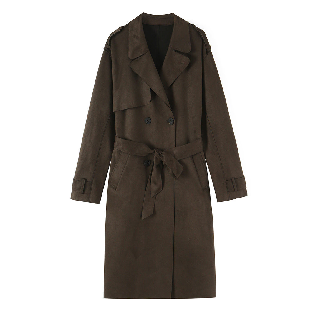 Women long cut trench coat made of suede look with tie belt Mune Fashion