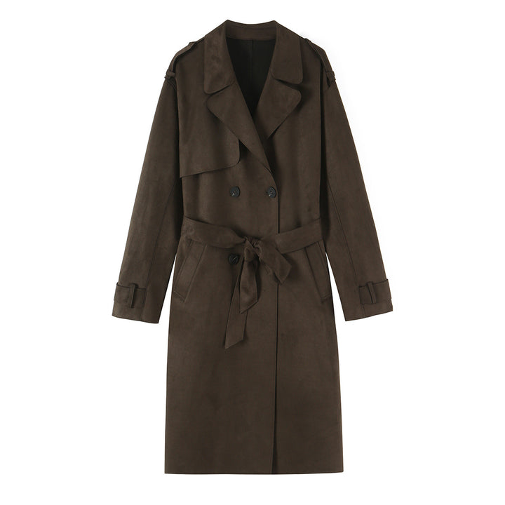 Women long cut trench coat made of suede look with tie belt Mune Fashion