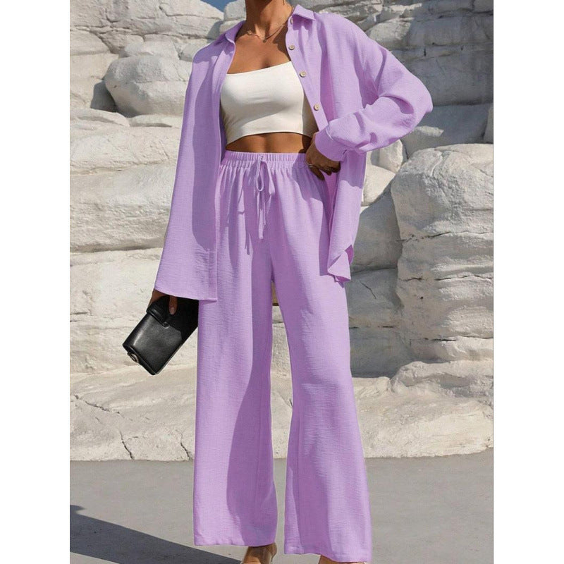 Women's Two-Piece Linen Look Loungewear Set with Oversized Shirt and Wide Comfort Palazzo Mune Fashion