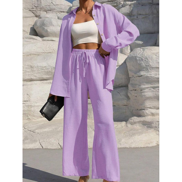 Women's Two-Piece Linen Look Loungewear Set with Oversized Shirt and Wide Comfort Palazzo Mune Fashion