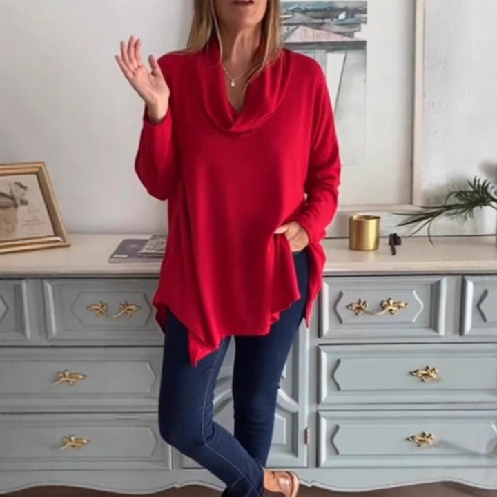Women's fall shoulder drape tunic top with asymmetric zip hem and side pockets Mune Fashion