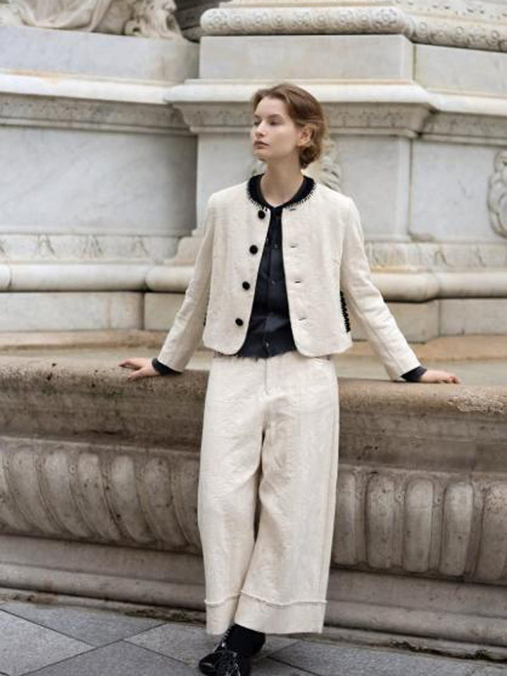 Women's Two-Piece Boucle Set with Short Jacket, Contrasted Round Neckline and Wide Culotte Pants Leg Mune Fashion