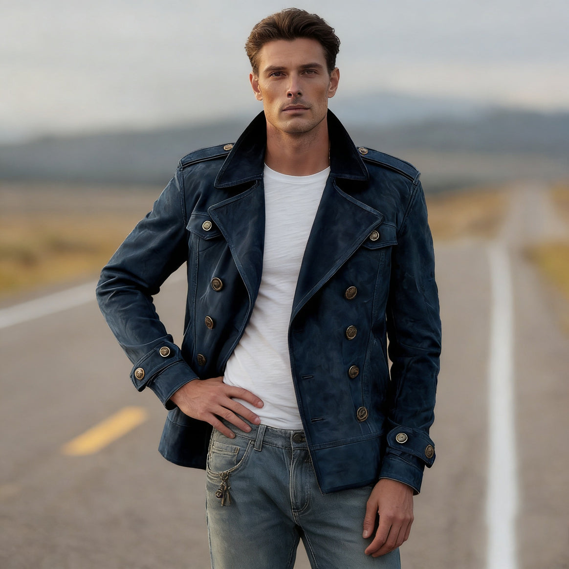 Men's Double-Breasted Leather Jacket in Vintage Look with Shawl Collar and Epaulettes Mune Fashion