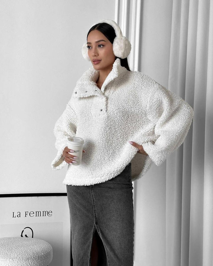 Women Oversized Teddy Sweater with Half Snap Placket and Stand Collar Mune Fashion