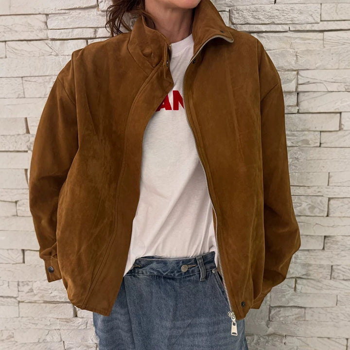 Women's Oversize Suede Blouson with High Standing Collar and Metal Zipper Mune Fashion