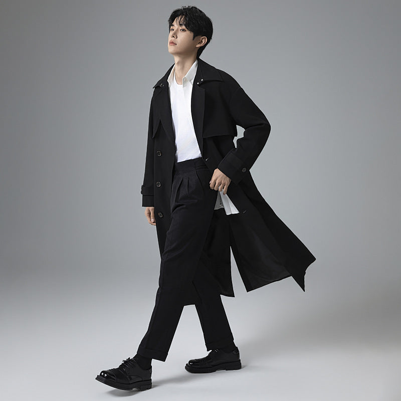 Men's trench coat in minimalist double-breasted design with wide shawl collar and waist belt Mune Fashion