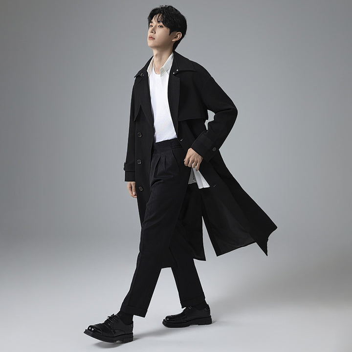Men's trench coat in minimalist double-breasted design with wide shawl collar and waist belt Mune Fashion