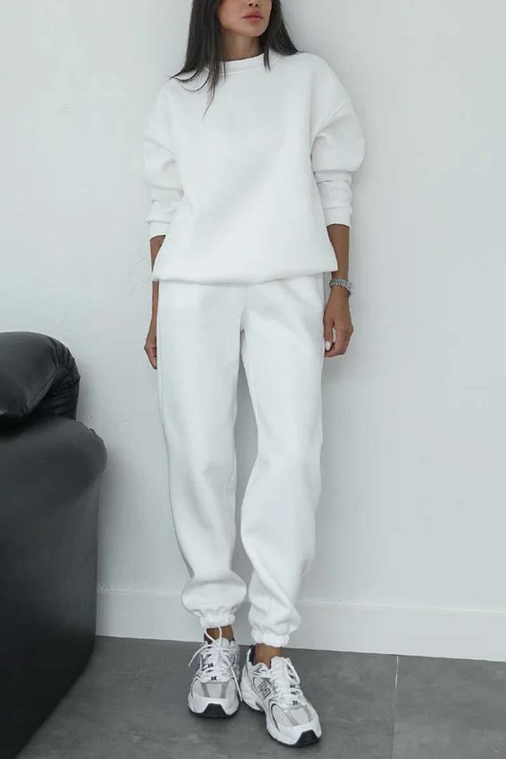 Women's minimalist cozy set made of heavy French terry with wide crew neck sweater and straight joggers Mune Fashion