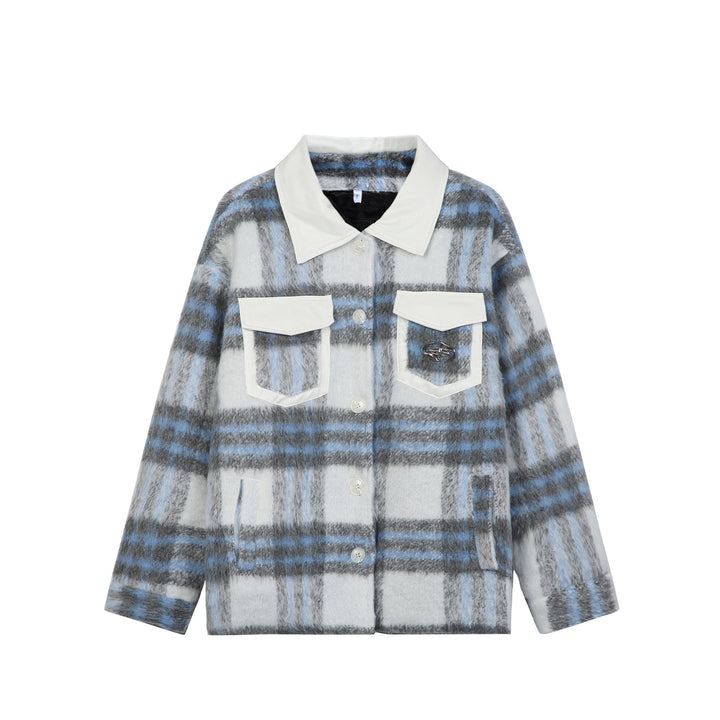 Women's Checked Wool Blend Shacket with Contrasting Faux Leather Collar Mune Fashion