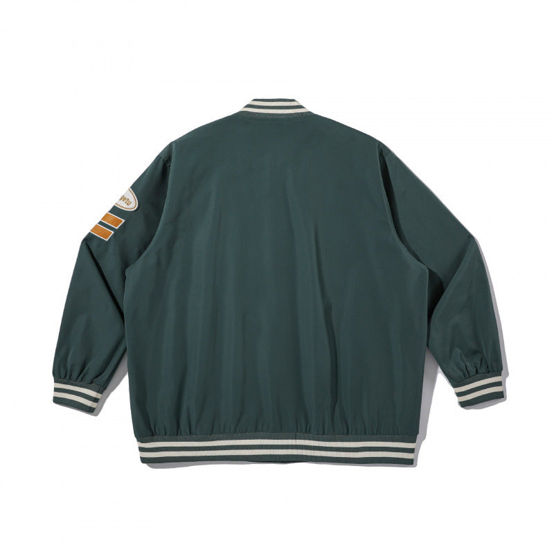 Unisex College Bomber Jacket with quilted patch, striped ribbed hems and snap button placket Mune Fashion