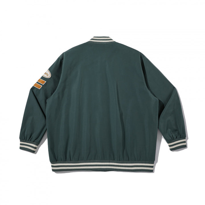 Unisex College Bomber Jacket with quilted patch, striped ribbed hems and snap button placket Mune Fashion