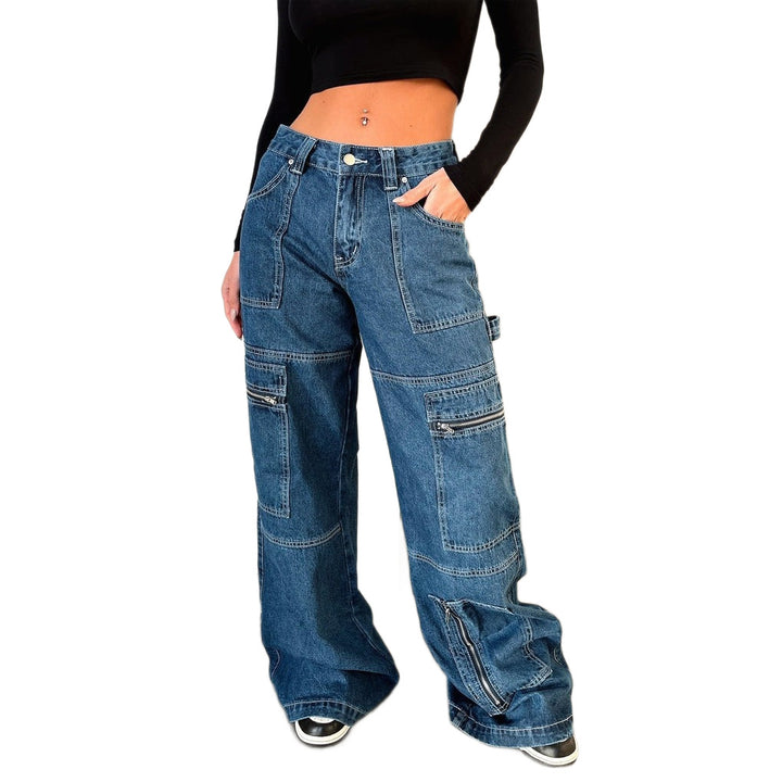 Women's Wide Cargo Jeans with Multiple Zipper Pockets and High Waist Mune Fashion