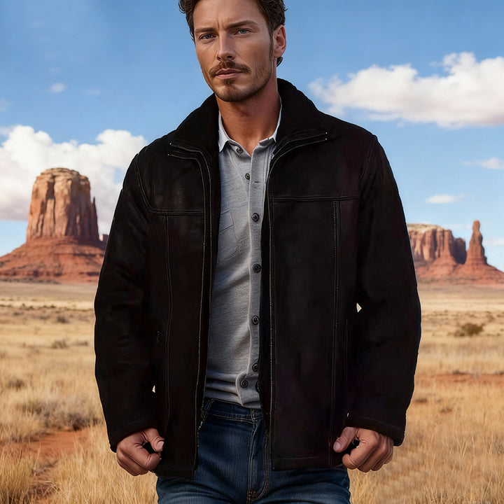 Men's Short Suede Field Jacket with Stand-Up Collar, Concealed Zipper, and Distinctive Decorative Seams Mune Fashion