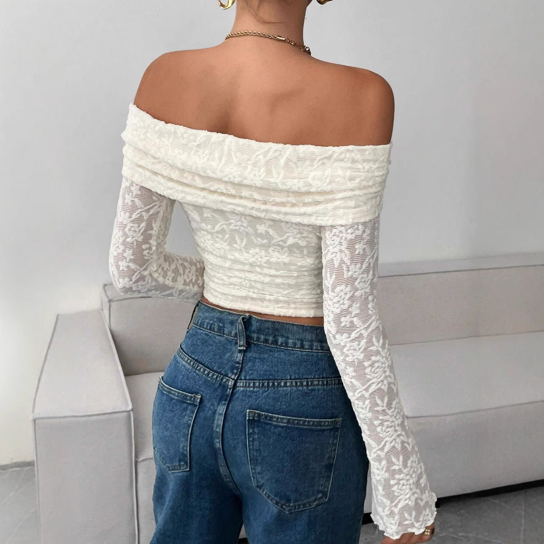Women's form-fitting off-the-shoulder lace top with long trumpet sleeves Mune Fashion