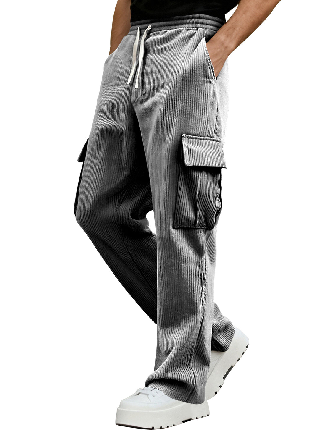 Men's casual corduroy cargo pants with elastic drawstring waist, straight leg, and flap pockets Mune Fashion
