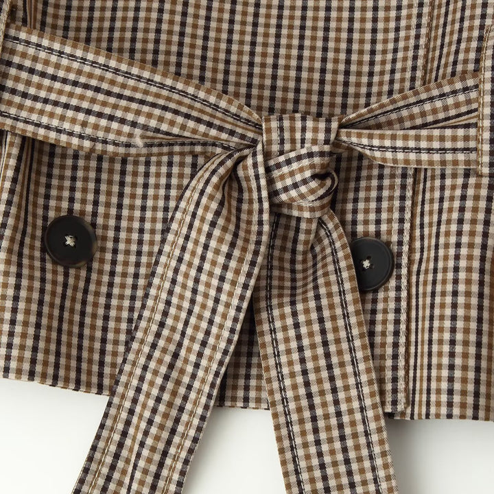 Women Cropped Double-Breasted Check Trench Coat with Waist Tie Belt and Flared Cuffs Mune Fashion