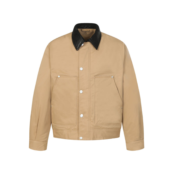Unisex Short Boxy Quilted Blouson Jacket with Contrasting Leather-Look Collar Mune Fashion