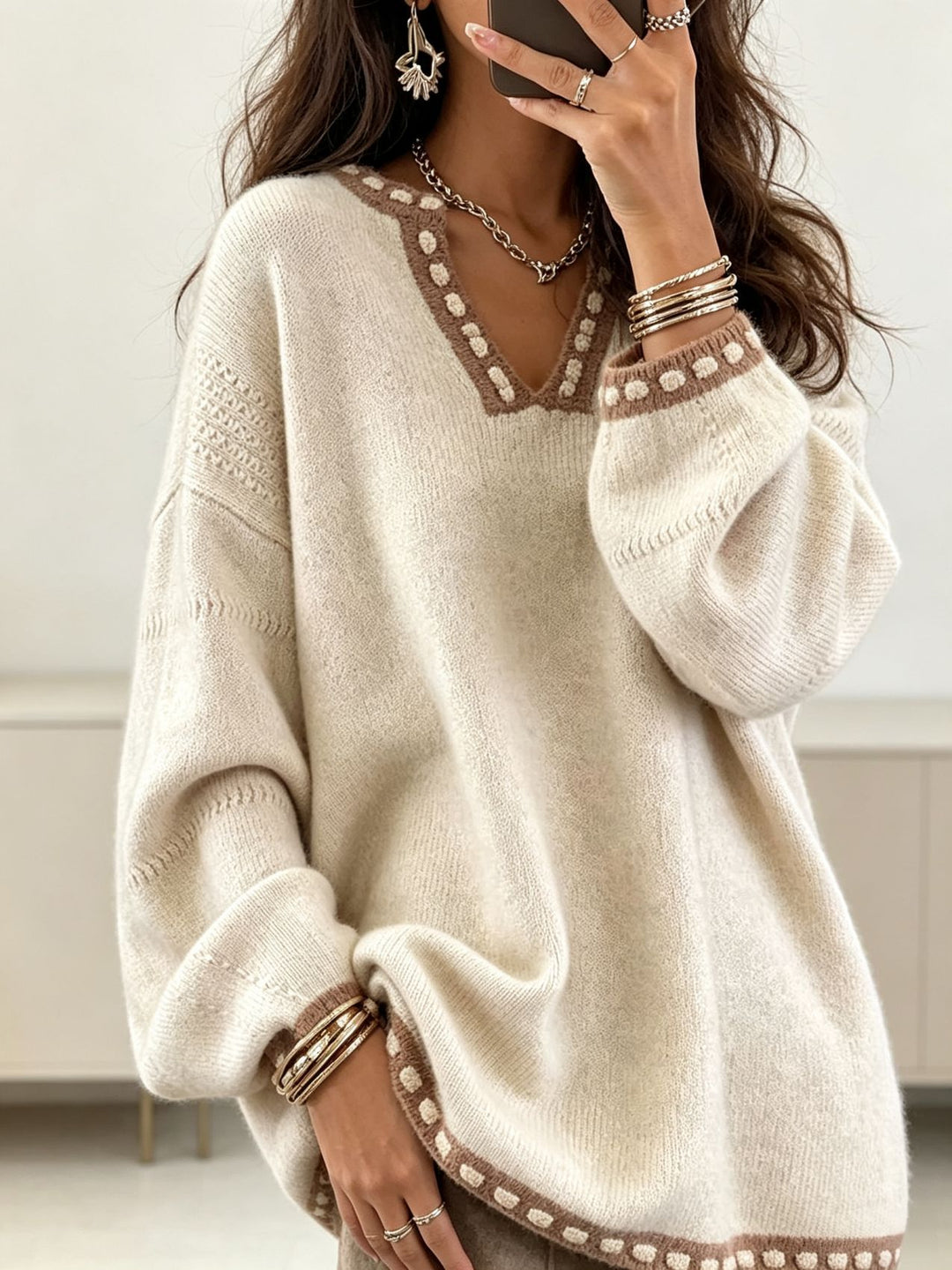 Women's Oversize V-Neck Knit Sweater with Contrasting Dot Border and Balloon Sleeves Mune Fashion